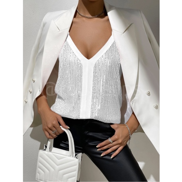 Silver Sequins Detail White Cami Top - Picture 3 of 12